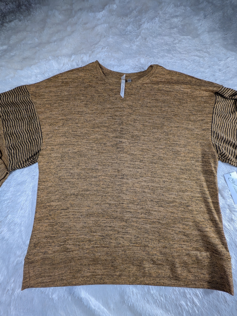 Collection B Marled Tan Crewneck Sweater with Striped Sleeve Detail